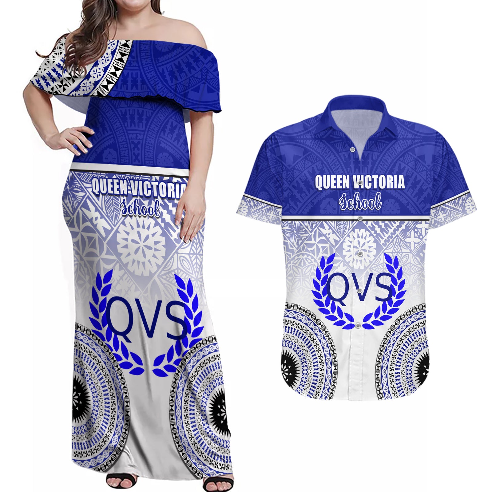 Personalized Queen Victoria School Couples Matching Off Shoulder Maxi Dress and Hawaiian Shirt With Fijian Tapa Pattern LT05 Blue - Polynesian Pride