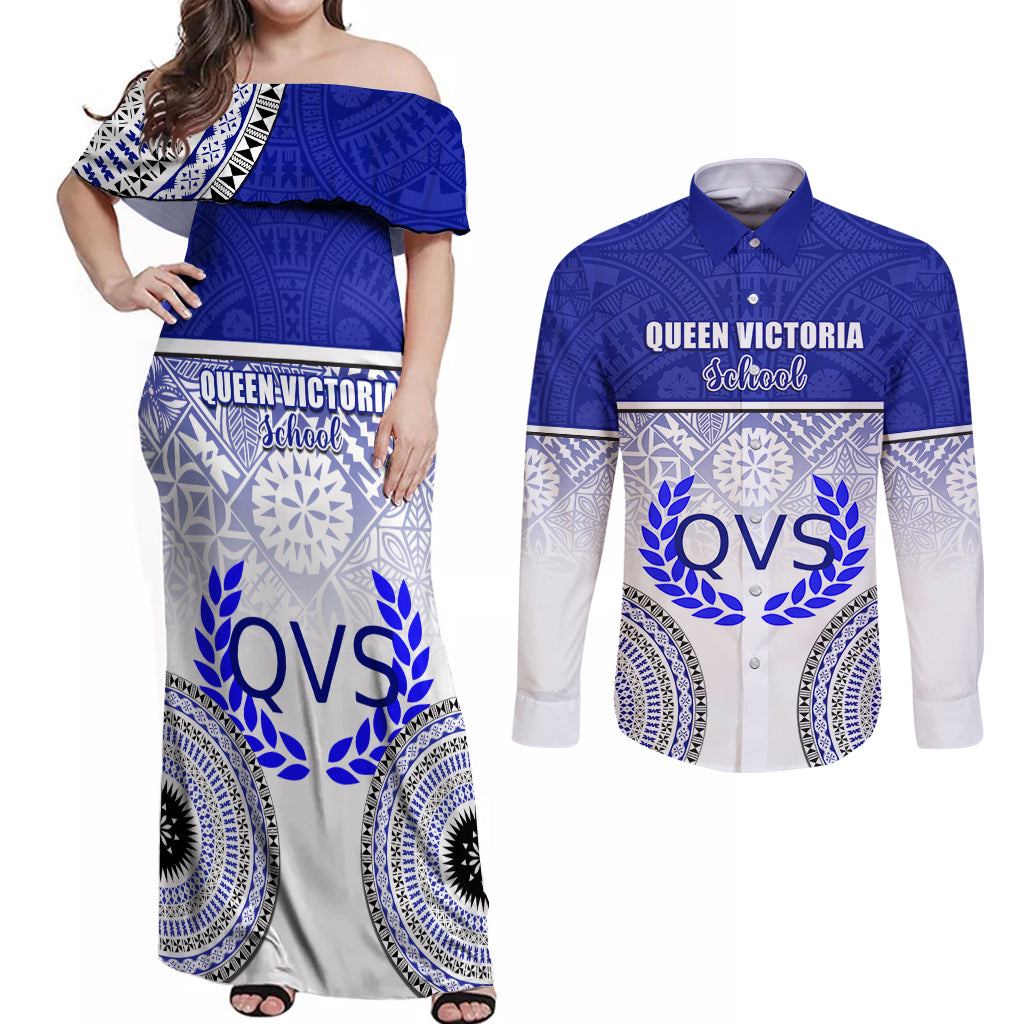 Personalized Queen Victoria School Couples Matching Off Shoulder Maxi Dress and Long Sleeve Button Shirts With Fijian Tapa Pattern LT05 Blue - Polynesian Pride