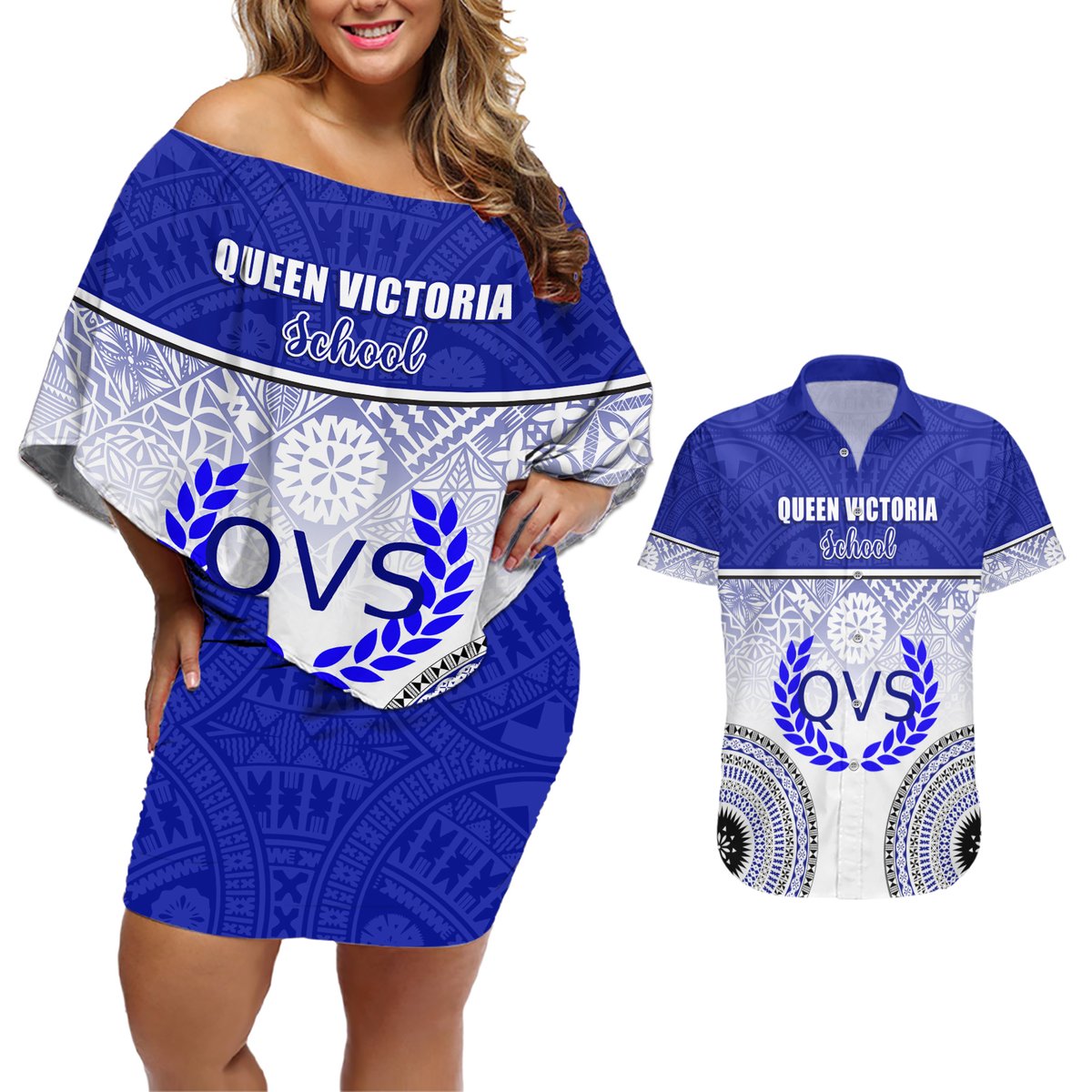 Personalized Queen Victoria School Couples Matching Off Shoulder Short Dress and Hawaiian Shirt With Fijian Tapa Pattern LT05 Blue - Polynesian Pride