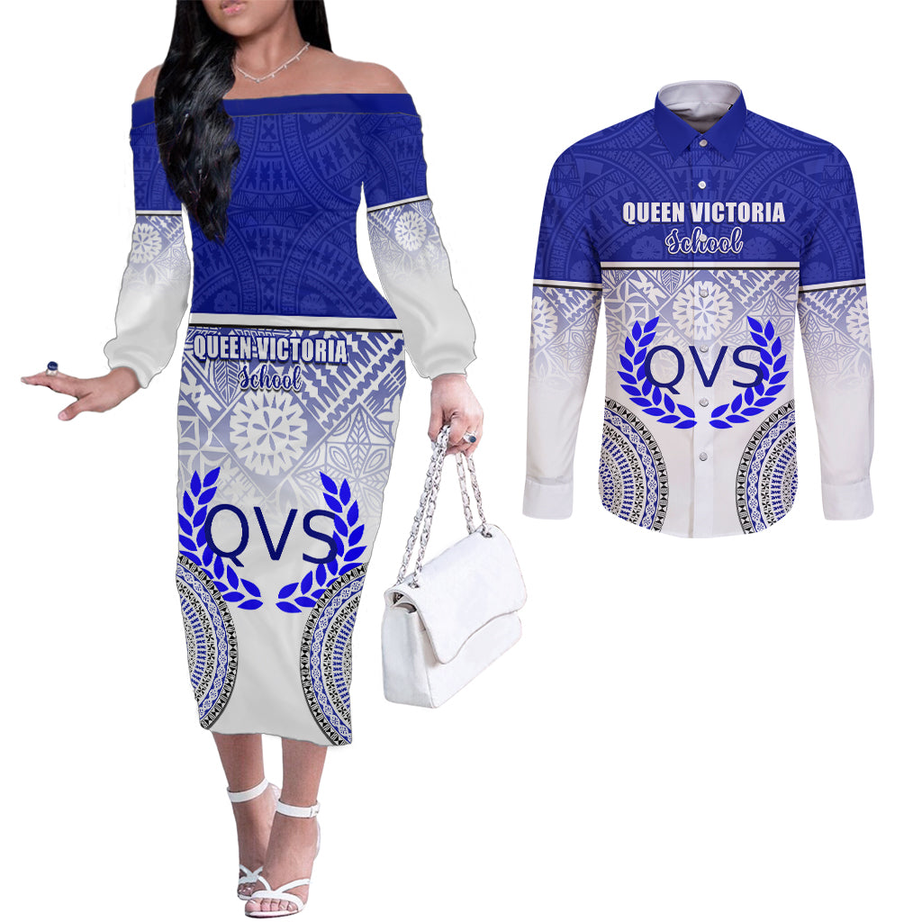 Personalized Queen Victoria School Couples Matching Off The Shoulder Long Sleeve Dress and Long Sleeve Button Shirts With Fijian Tapa Pattern LT05 Blue - Polynesian Pride