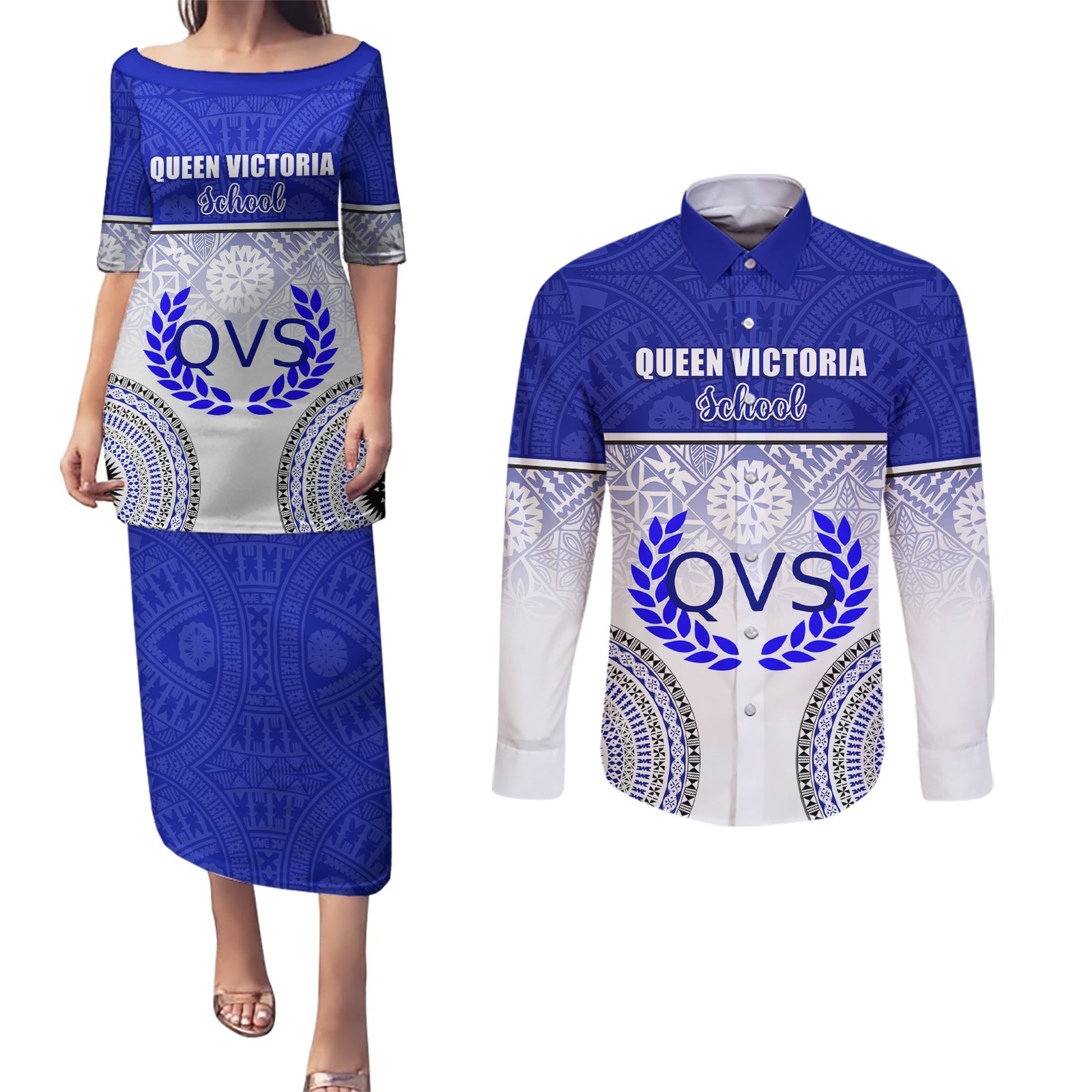 Personalized Queen Victoria School Couples Matching Puletasi Dress and Long Sleeve Button Shirts With Fijian Tapa Pattern LT05 Blue - Polynesian Pride