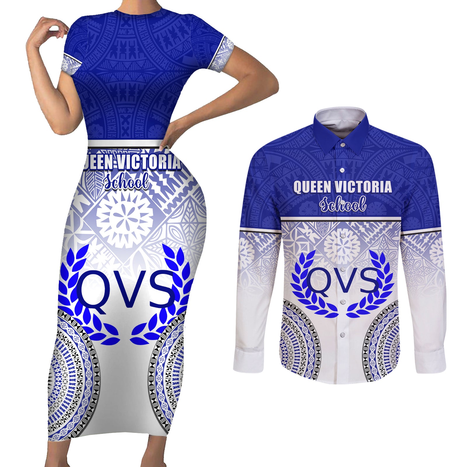 Personalized Queen Victoria School Couples Matching Short Sleeve Bodycon Dress and Long Sleeve Button Shirts With Fijian Tapa Pattern LT05 Blue - Polynesian Pride