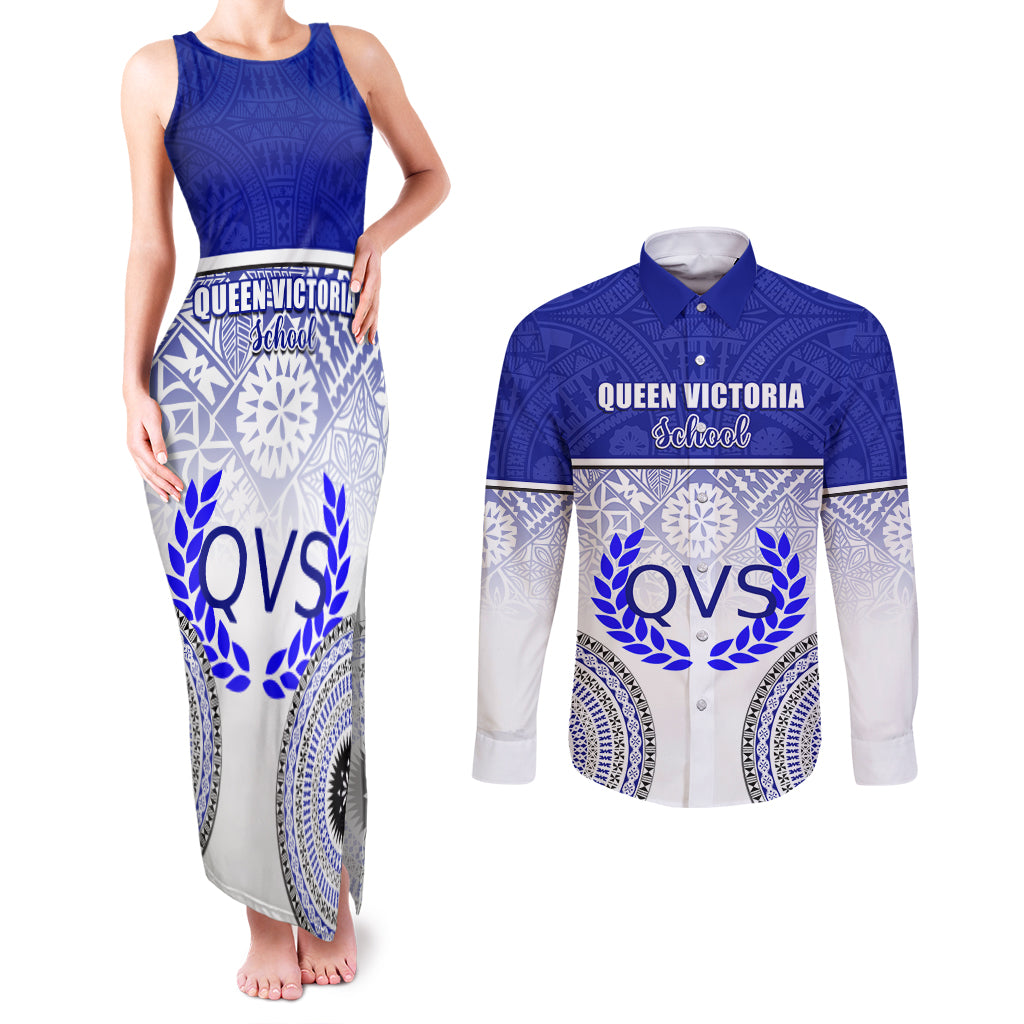 Personalized Queen Victoria School Couples Matching Tank Maxi Dress and Long Sleeve Button Shirts With Fijian Tapa Pattern LT05 Blue - Polynesian Pride