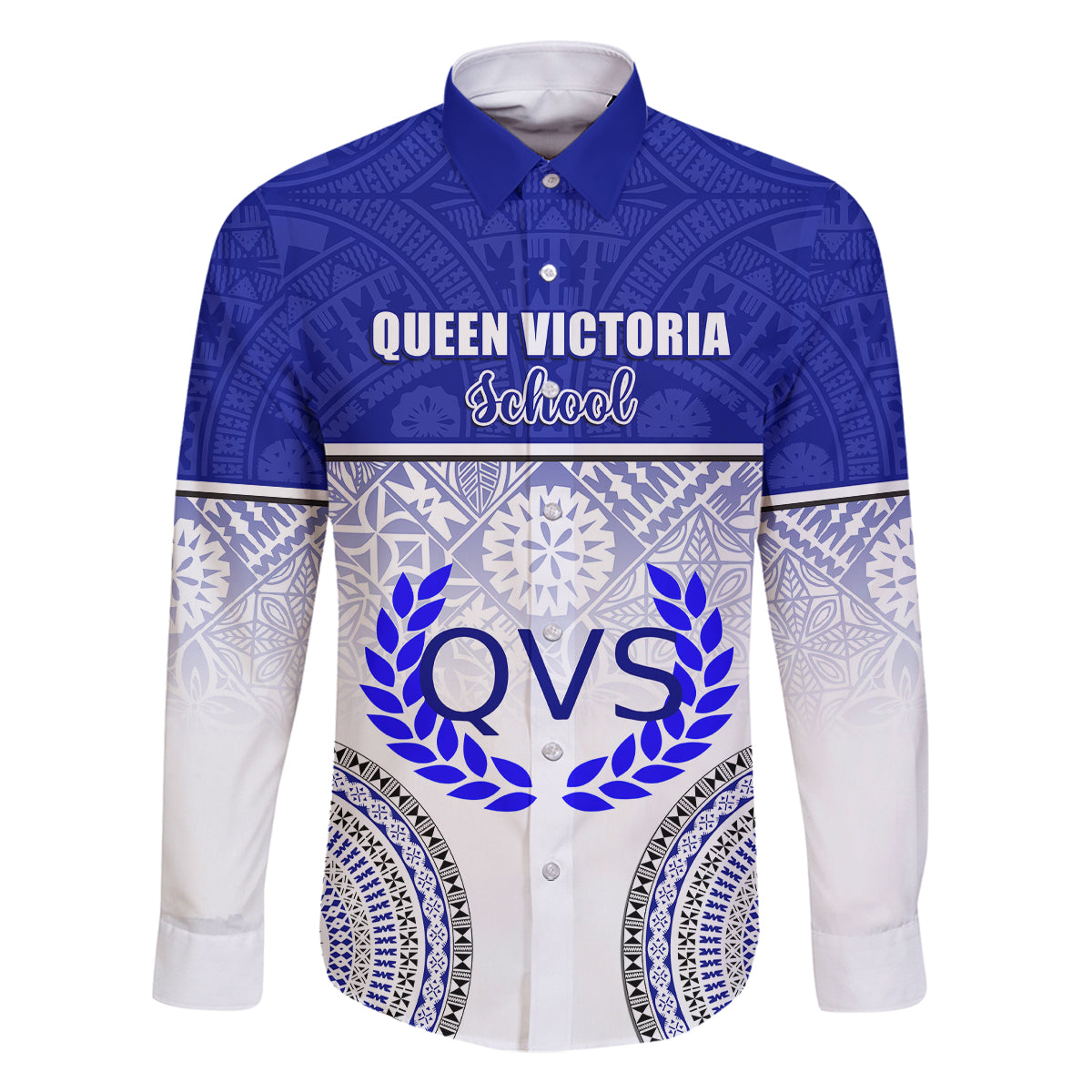 Personalized Queen Victoria School Family Matching Mermaid Dress and Hawaiian Shirt With Fijian Tapa Pattern LT05 Dad's Shirt - Long Sleeve Blue - Polynesian Pride