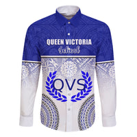 Personalized Queen Victoria School Family Matching Off Shoulder Short Dress and Hawaiian Shirt With Fijian Tapa Pattern LT05 Dad's Shirt - Long Sleeve Blue - Polynesian Pride