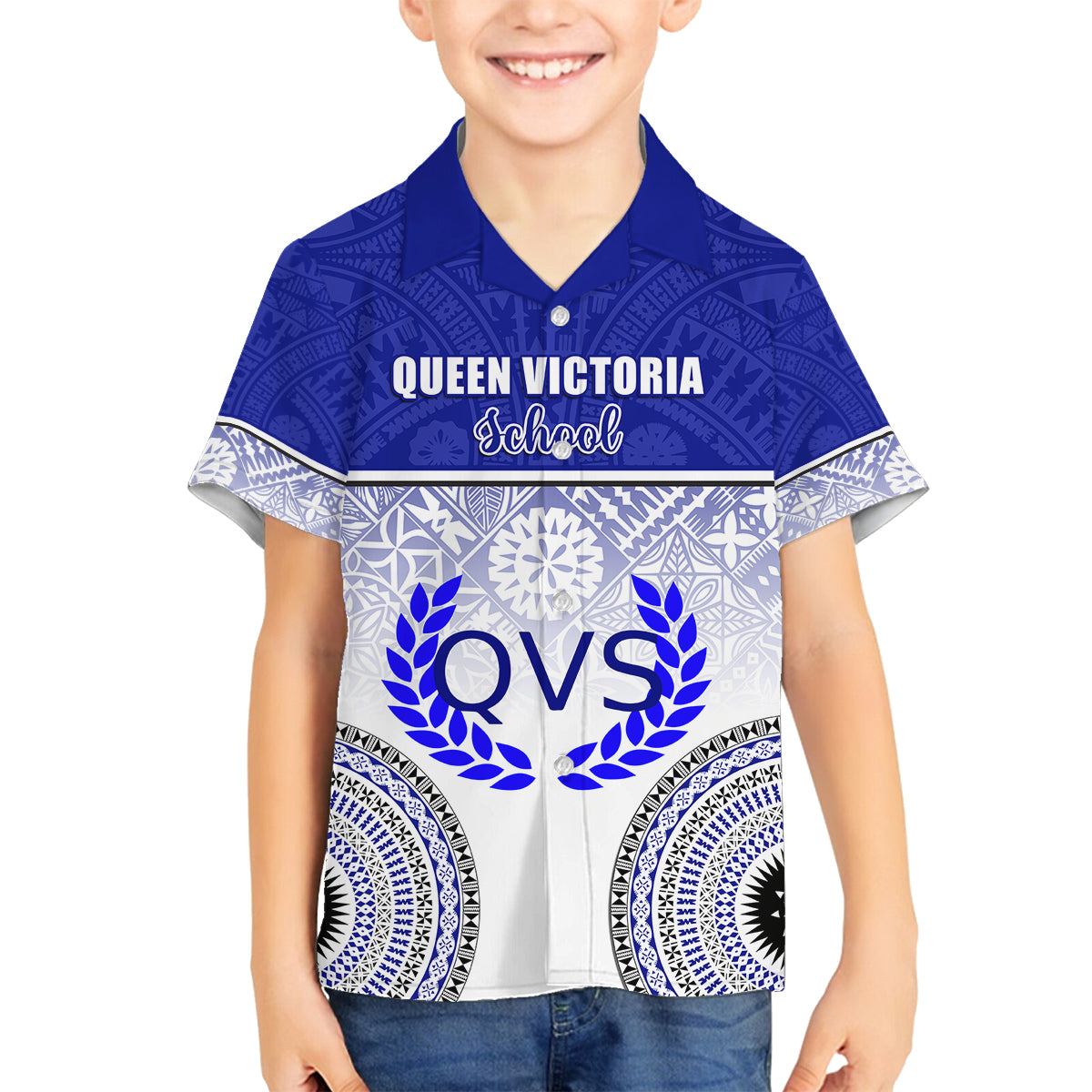 Personalized Queen Victoria School Family Matching Tank Maxi Dress and Hawaiian Shirt With Fijian Tapa Pattern LT05 Son's Shirt Blue - Polynesian Pride