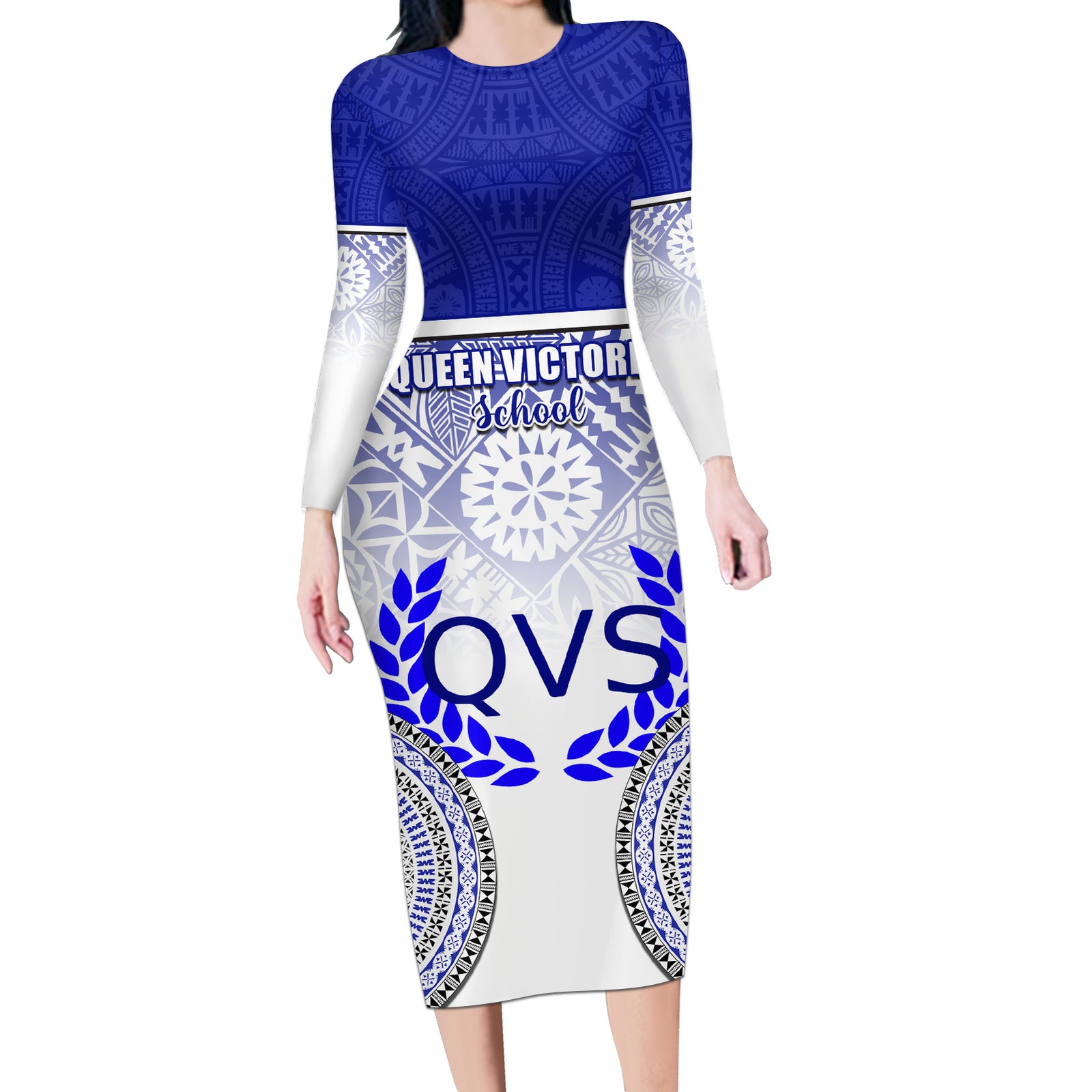 Personalized Queen Victoria School Long Sleeve Bodycon Dress With Fijian Tapa Pattern LT05 Long Dress Blue - Polynesian Pride