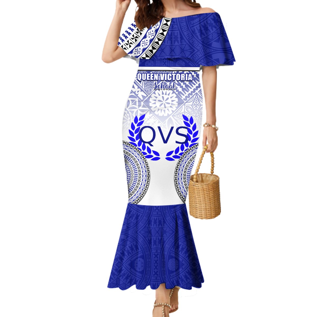 Personalized Queen Victoria School Mermaid Dress With Fijian Tapa Pattern LT05 Women Blue - Polynesian Pride