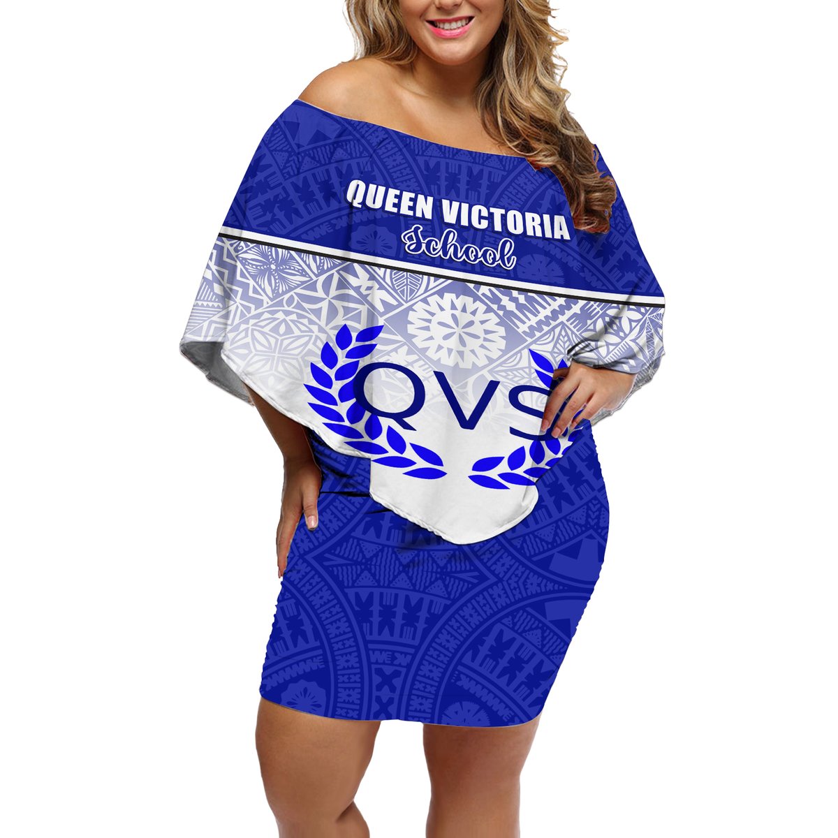 Personalized Queen Victoria School Off Shoulder Short Dress With Fijian Tapa Pattern LT05 Women Blue - Polynesian Pride