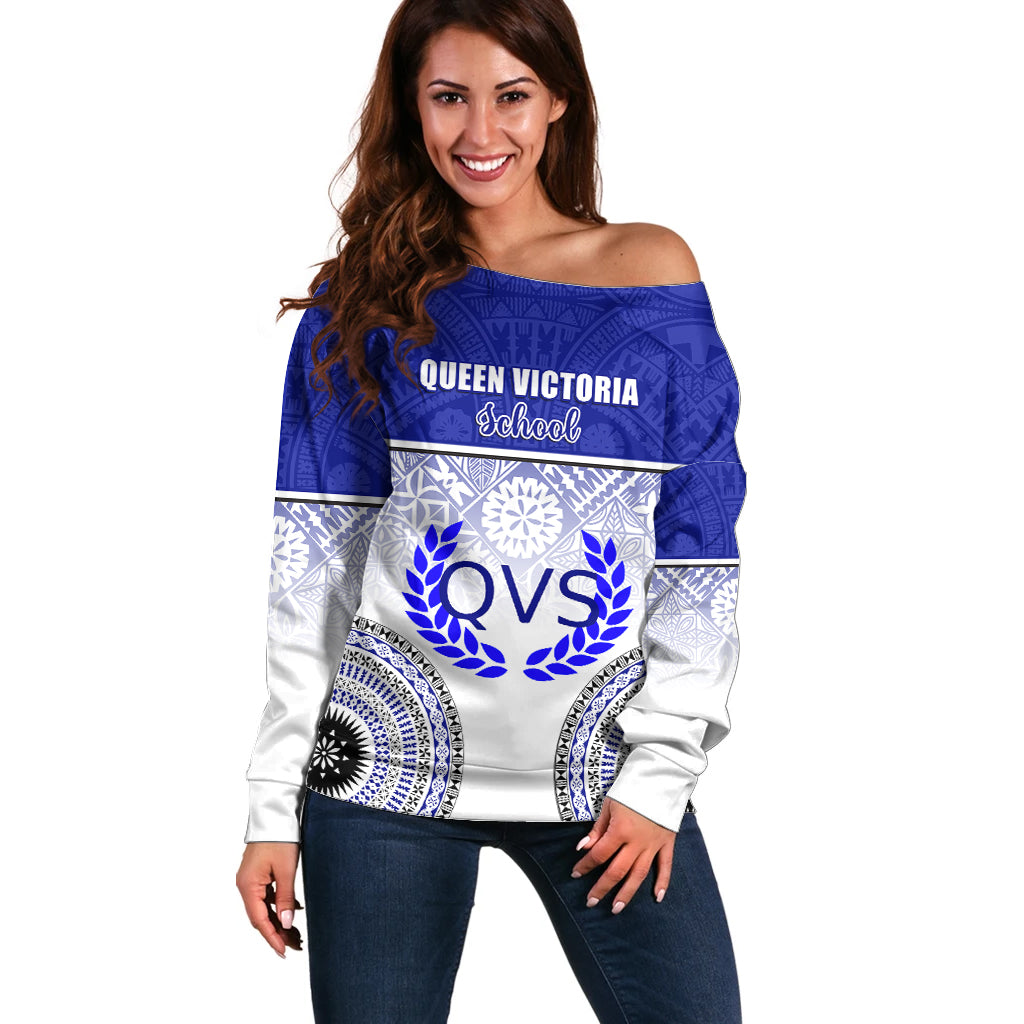 Personalized Queen Victoria School Off Shoulder Sweater With Fijian Tapa Pattern LT05 Women Blue - Polynesian Pride