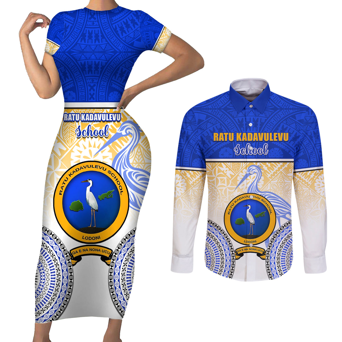 Personalized Ratu Kadavulevu School Couples Matching Short Sleeve Bodycon Dress and Long Sleeve Button Shirts With Fijian Tapa Pattern LT05 Blue - Polynesian Pride