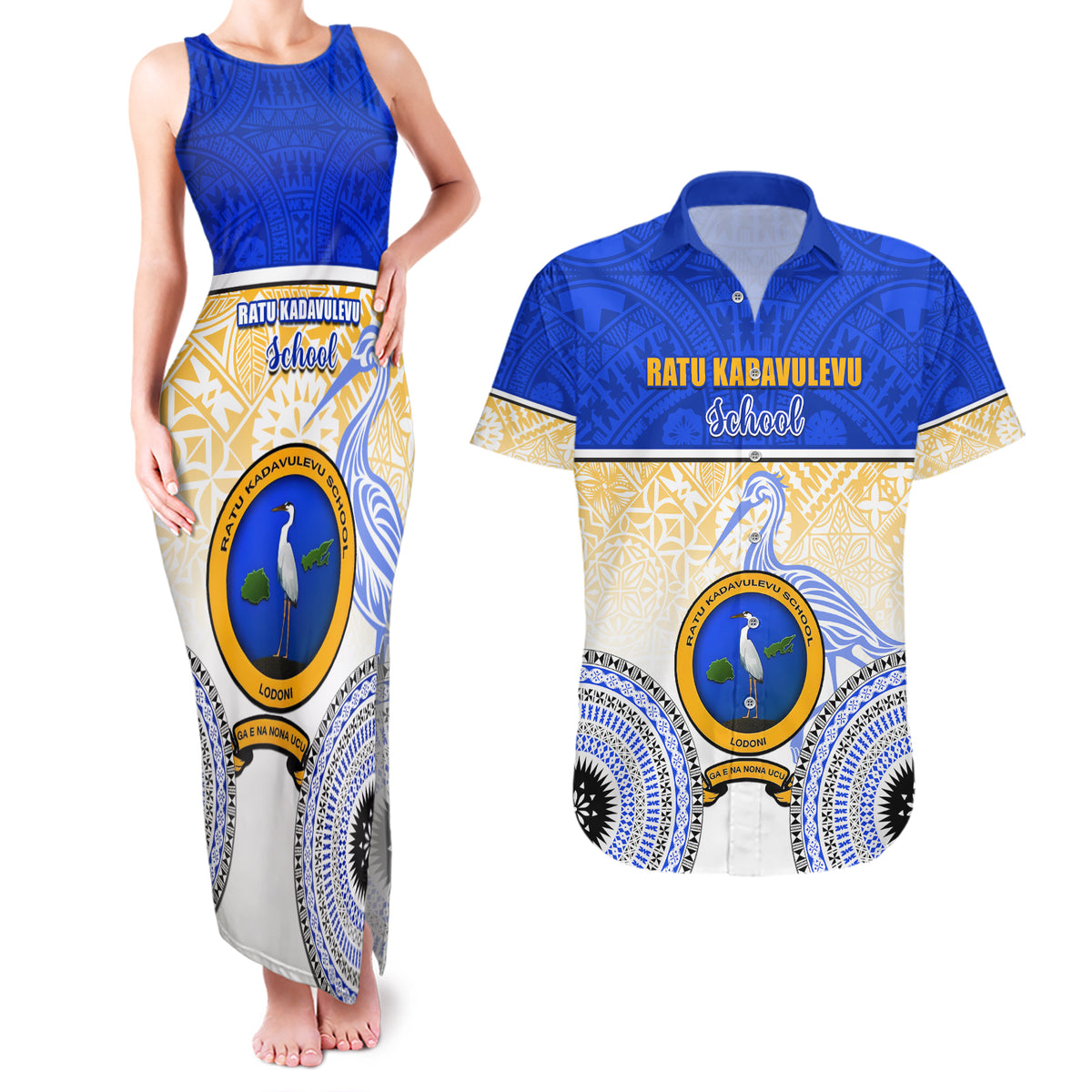 Personalized Ratu Kadavulevu School Couples Matching Tank Maxi Dress and Hawaiian Shirt With Fijian Tapa Pattern LT05 Blue - Polynesian Pride