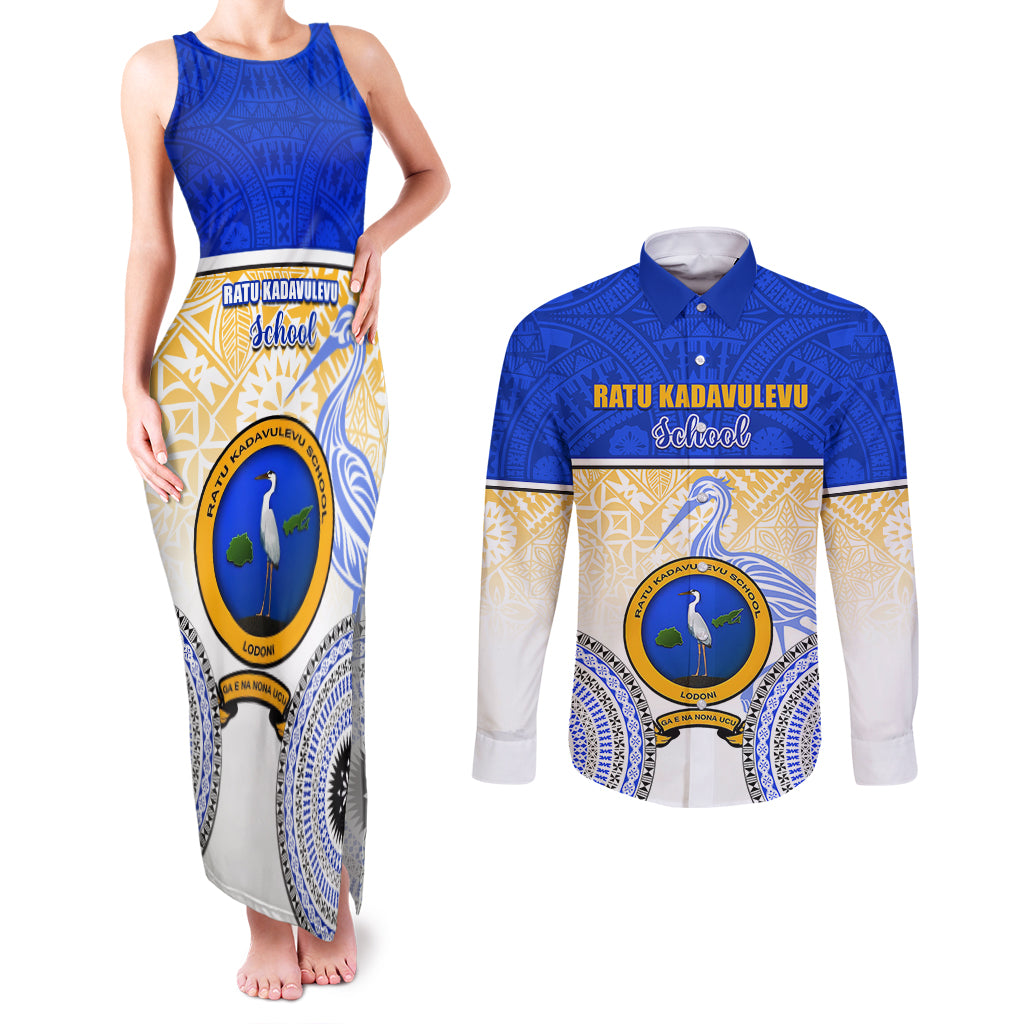 Personalized Ratu Kadavulevu School Couples Matching Tank Maxi Dress and Long Sleeve Button Shirts With Fijian Tapa Pattern LT05 Blue - Polynesian Pride
