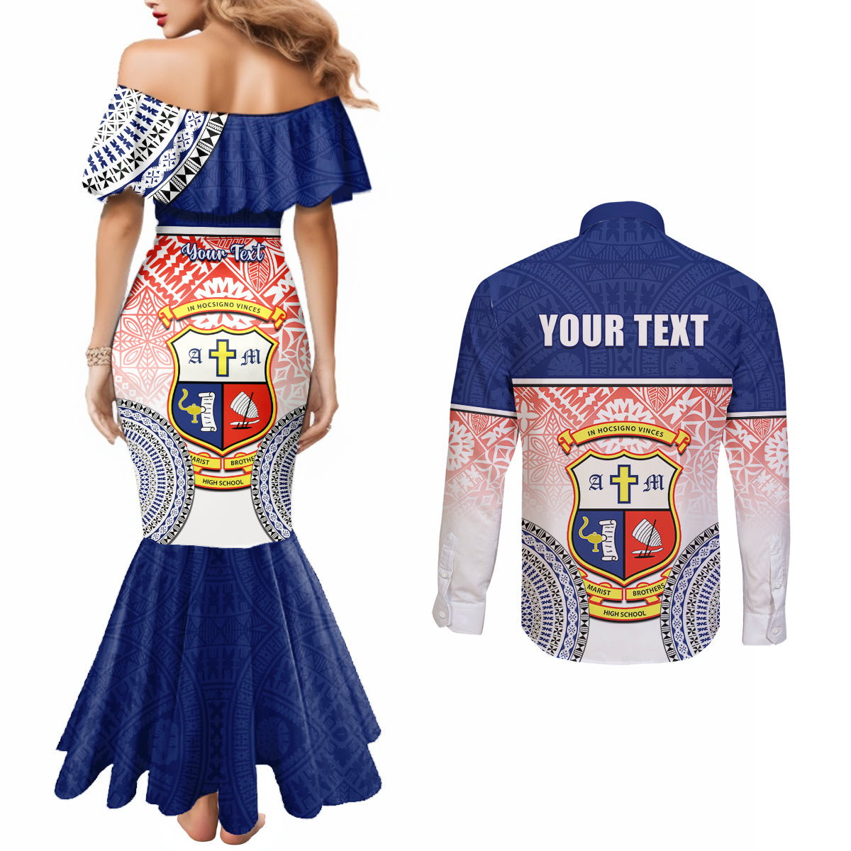 personalized-marist-brothers-high-school-couples-matching-mermaid-dress-and-long-sleeve-button-shirts-with-fijian-tapa-pattern