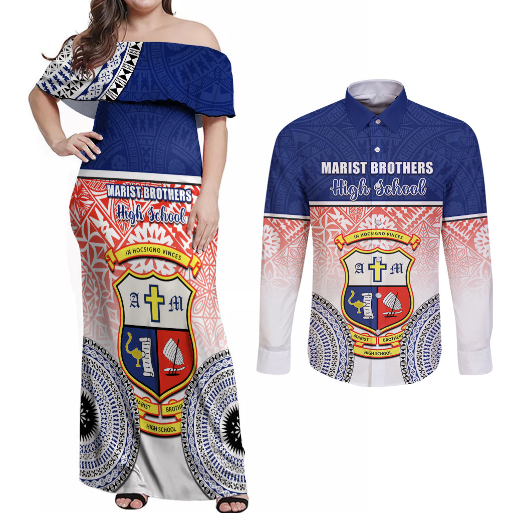 Personalized Marist Brothers High School Couples Matching Off Shoulder Maxi Dress and Long Sleeve Button Shirts With Fijian Tapa Pattern LT05 Blue - Polynesian Pride