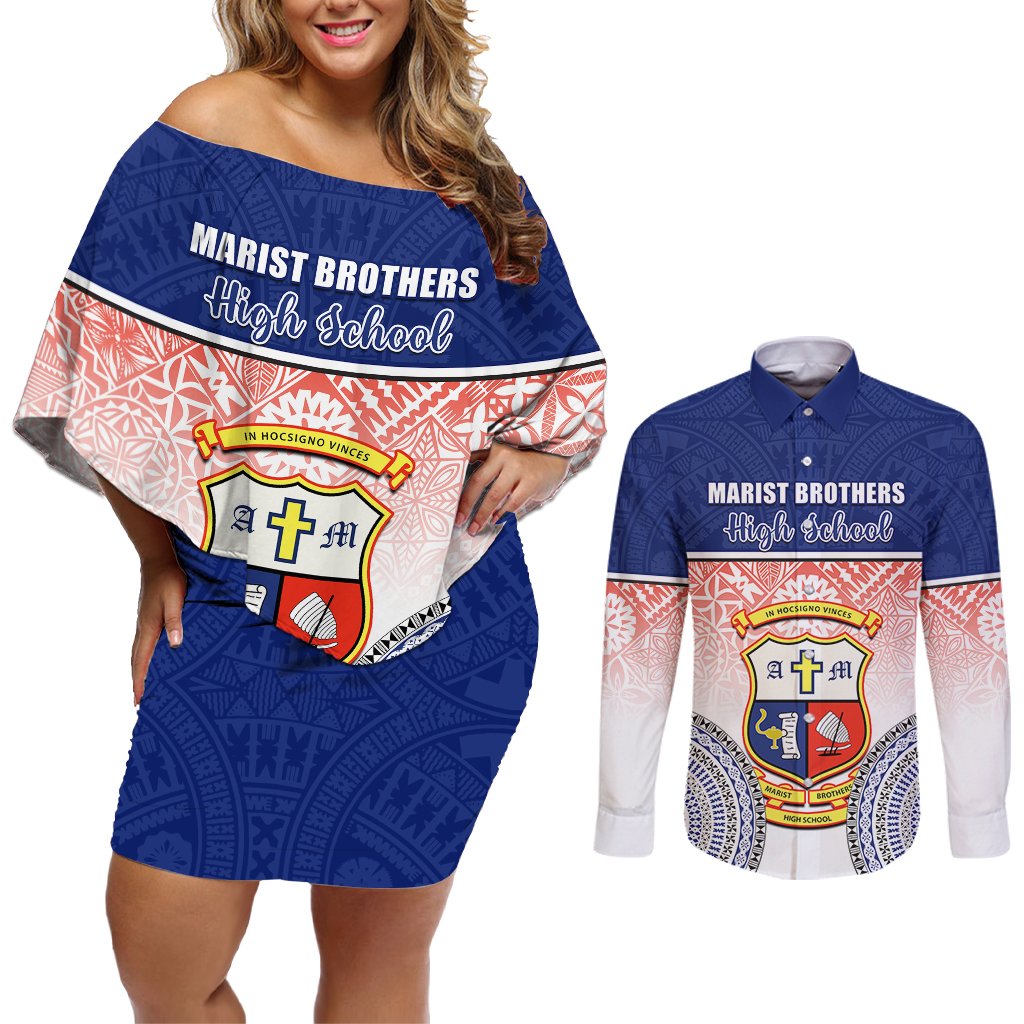 Personalized Marist Brothers High School Couples Matching Off Shoulder Short Dress and Long Sleeve Button Shirts With Fijian Tapa Pattern LT05 Blue - Polynesian Pride