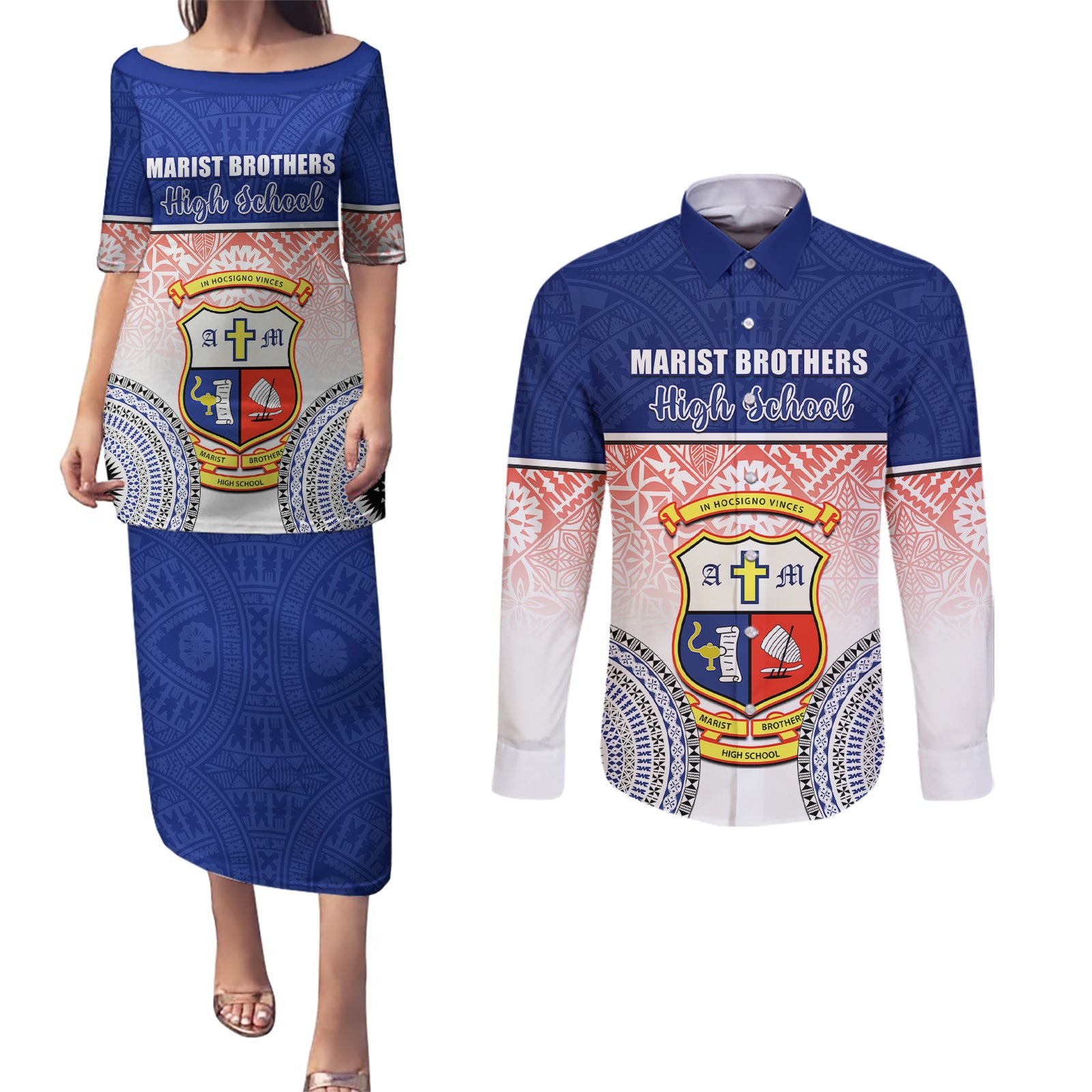 Personalized Marist Brothers High School Couples Matching Puletasi Dress and Long Sleeve Button Shirts With Fijian Tapa Pattern LT05 Blue - Polynesian Pride