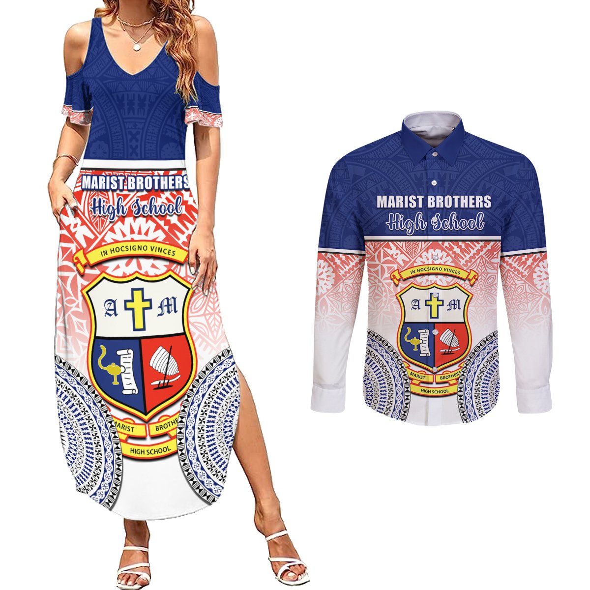 Personalized Marist Brothers High School Couples Matching Summer Maxi Dress and Long Sleeve Button Shirts With Fijian Tapa Pattern LT05 Blue - Polynesian Pride