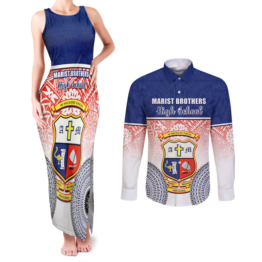 Personalized Marist Brothers High School Couples Matching Tank Maxi Dress and Long Sleeve Button Shirts With Fijian Tapa Pattern LT05 Blue - Polynesian Pride