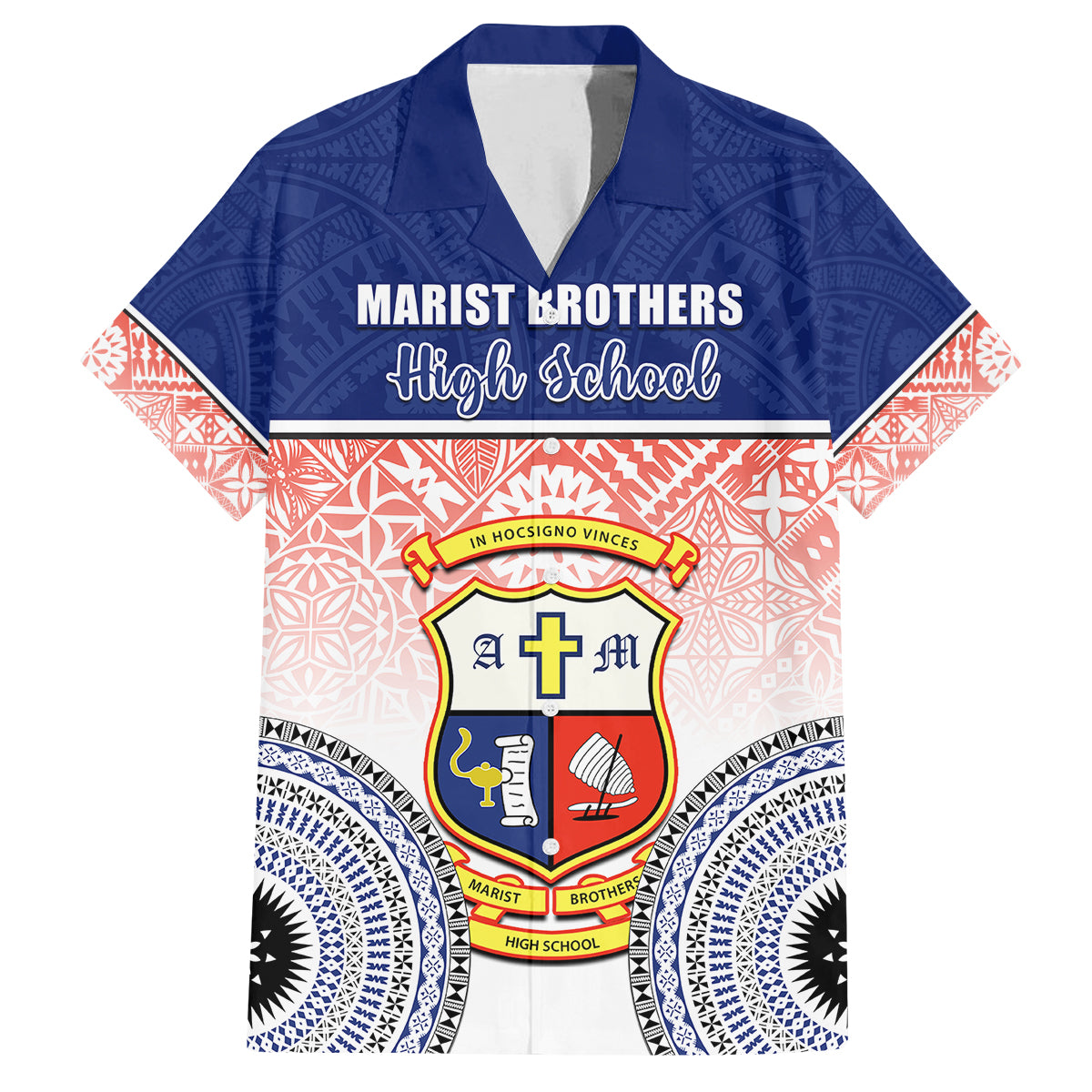 Personalized Marist Brothers High School Family Matching Off Shoulder Long Sleeve Dress and Hawaiian Shirt With Fijian Tapa Pattern LT05 Dad's Shirt - Short Sleeve Blue - Polynesian Pride