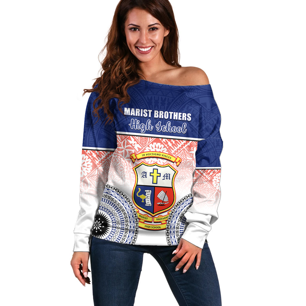 Personalized Marist Brothers High School Off Shoulder Sweater With Fijian Tapa Pattern LT05 Women Blue - Polynesian Pride