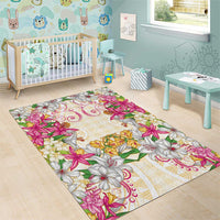 Hawaii Palaka Area Rug Yellow Tribal Pattern With Tropical Flowers - Polynesian Pride