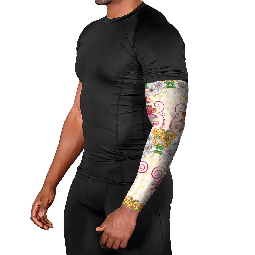 Hawaii Palaka Arm Sleeves Yellow Tribal Pattern With Tropical Flowers - Polynesian Pride