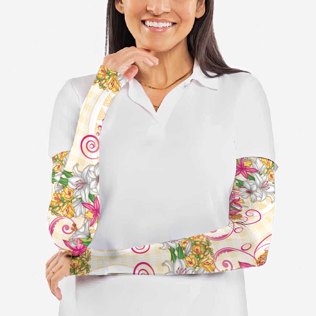 Hawaii Palaka Arm Sleeves Yellow Tribal Pattern With Tropical Flowers - Polynesian Pride