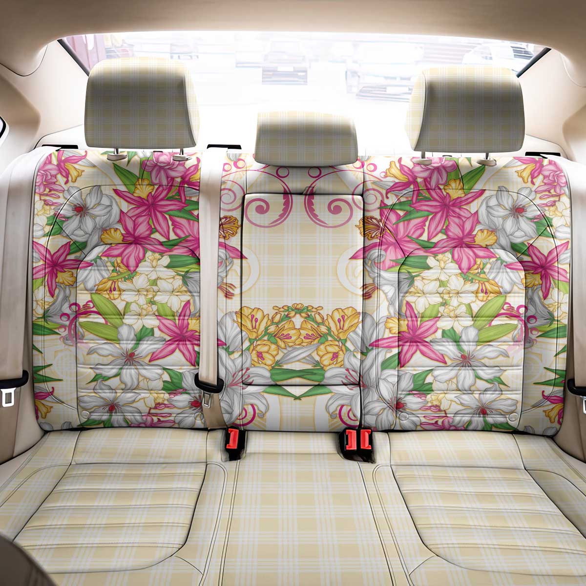 Hawaii Palaka Back Car Seat Cover Yellow Tribal Pattern With Tropical Flowers - Polynesian Pride
