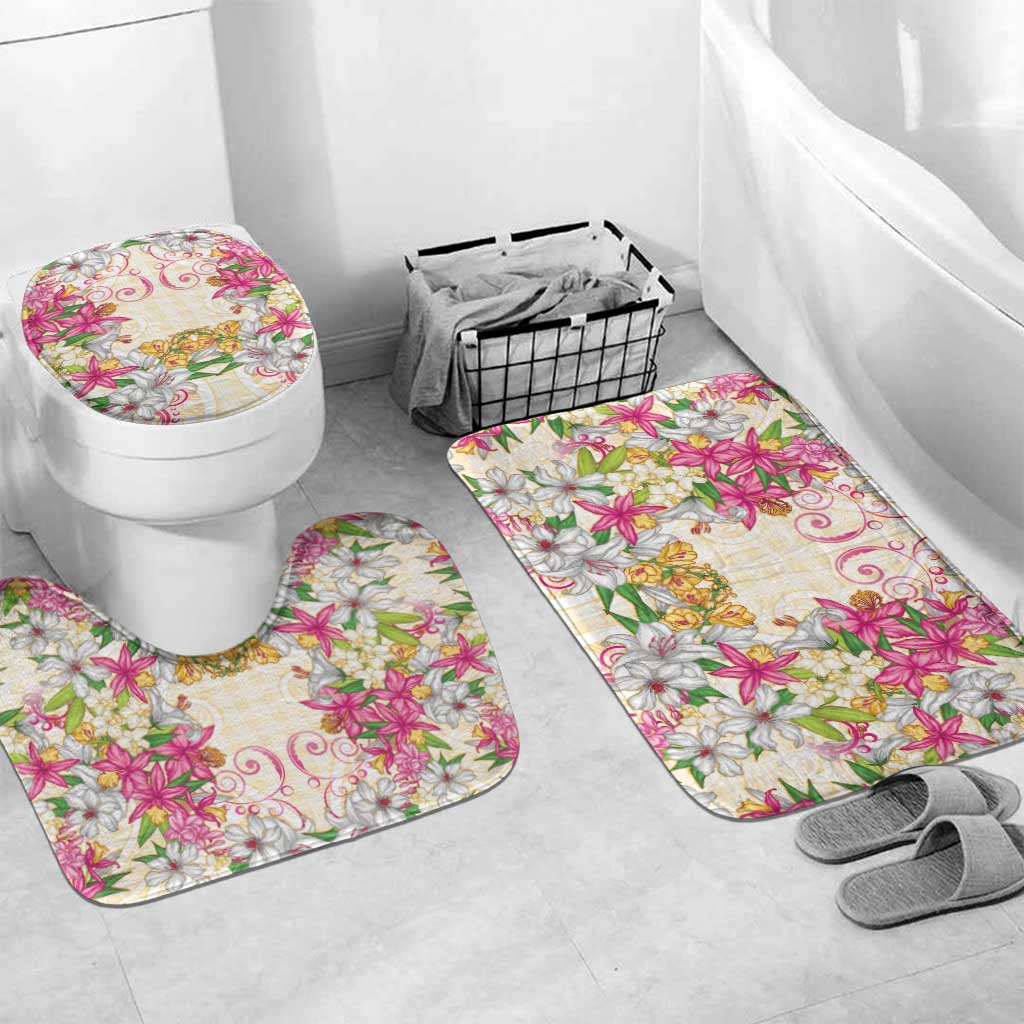 Hawaii Palaka Bathroom Set Yellow Tribal Pattern With Tropical Flowers - Polynesian Pride