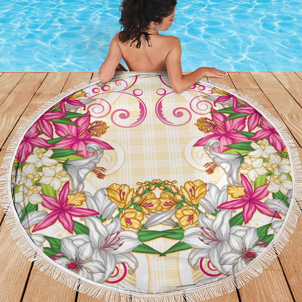 Hawaii Palaka Beach Blanket Yellow Tribal Pattern With Tropical Flowers - Polynesian Pride