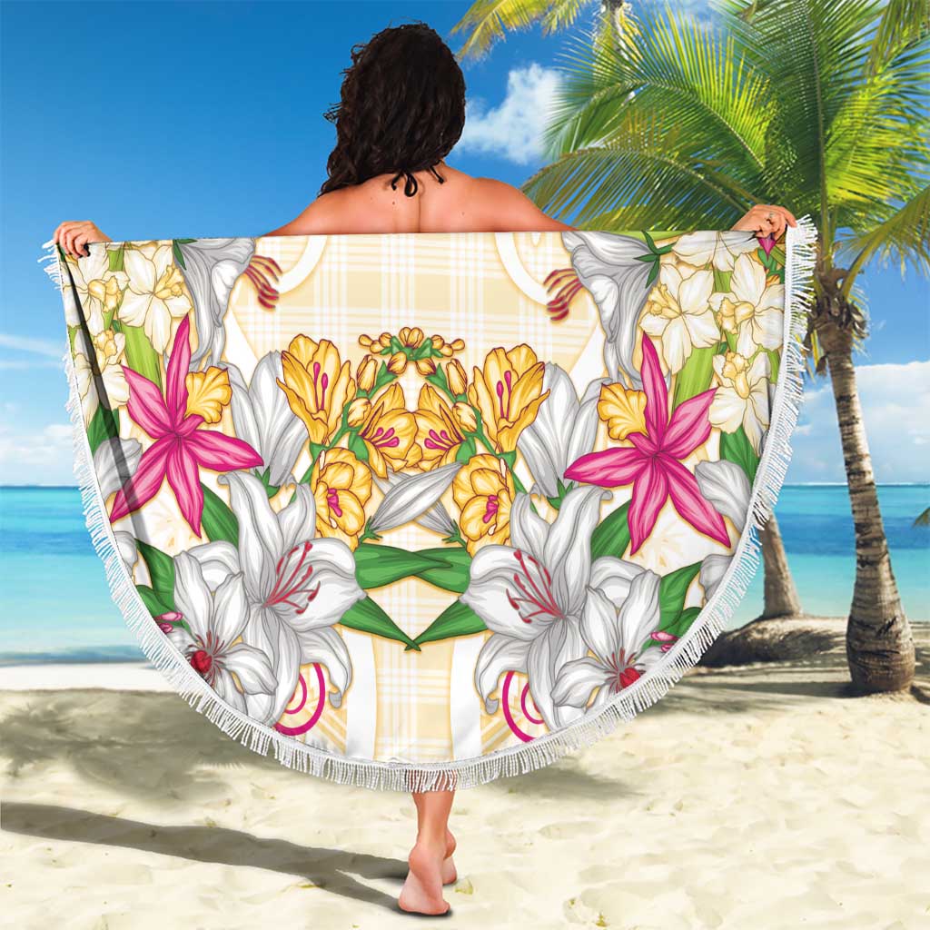 Hawaii Palaka Beach Blanket Yellow Tribal Pattern With Tropical Flowers - Polynesian Pride