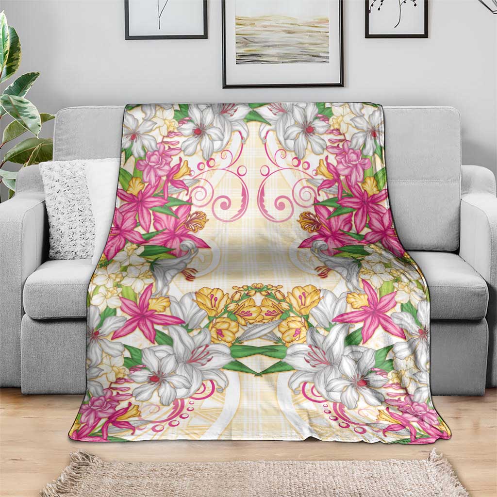 Hawaii Palaka Blanket Yellow Tribal Pattern With Tropical Flowers - Polynesian Pride