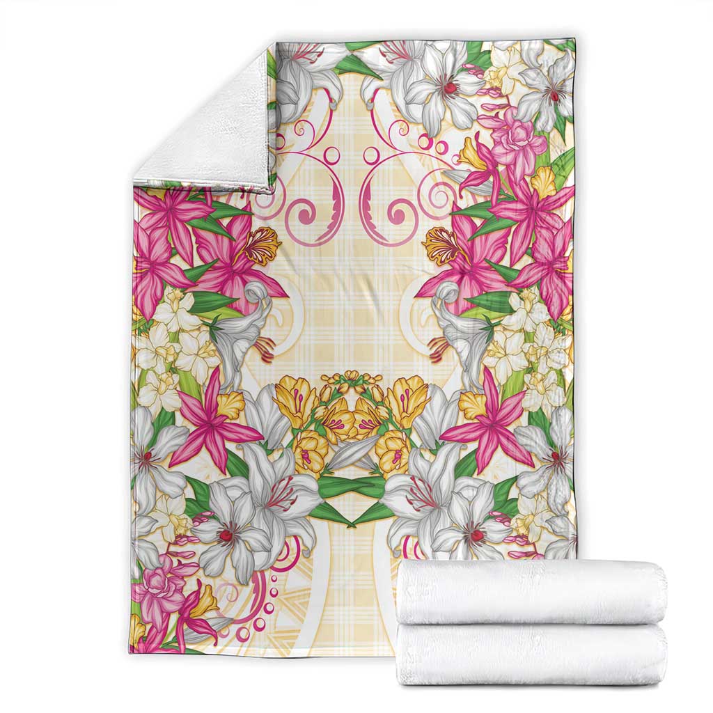 Hawaii Palaka Blanket Yellow Tribal Pattern With Tropical Flowers - Polynesian Pride