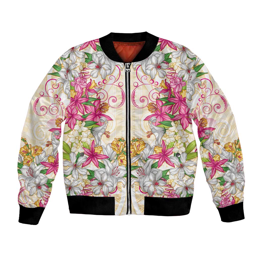 Hawaii Palaka Bomber Jacket Yellow Tribal Pattern With Tropical Flowers - Polynesian Pride