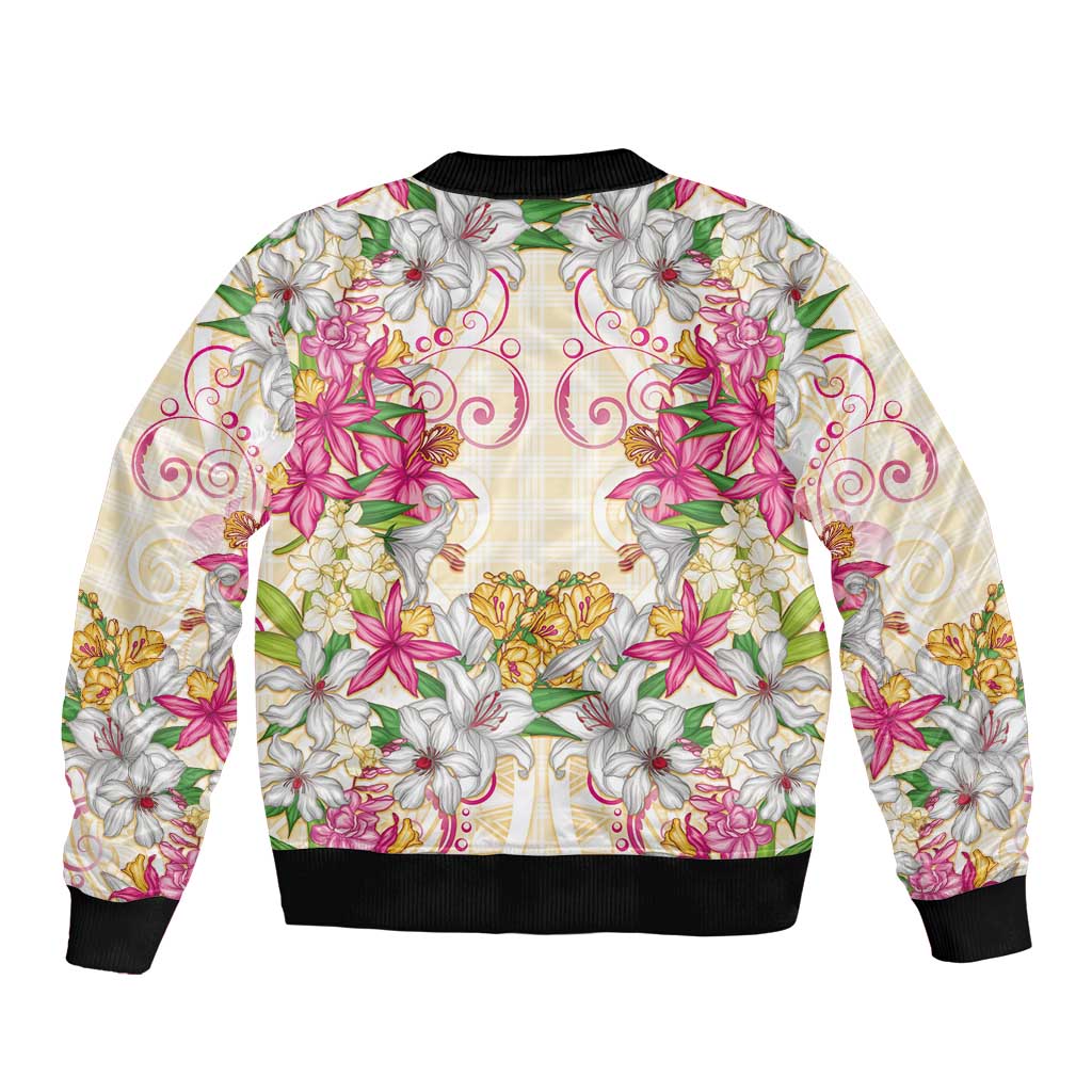 Hawaii Palaka Bomber Jacket Yellow Tribal Pattern With Tropical Flowers - Polynesian Pride