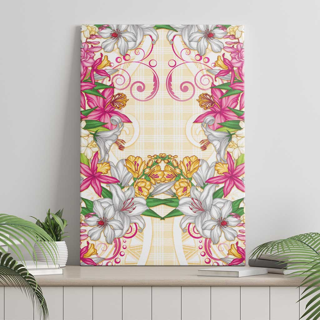Hawaii Palaka Canvas Wall Art Yellow Tribal Pattern With Tropical Flowers - Polynesian Pride