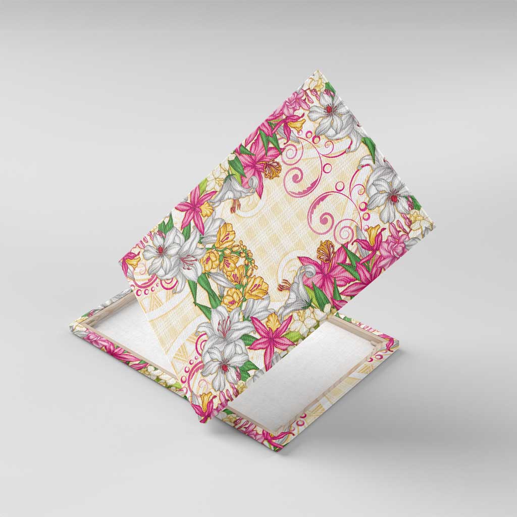 Hawaii Palaka Canvas Wall Art Yellow Tribal Pattern With Tropical Flowers - Polynesian Pride