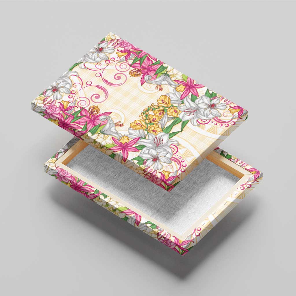 Hawaii Palaka Canvas Wall Art Yellow Tribal Pattern With Tropical Flowers - Polynesian Pride