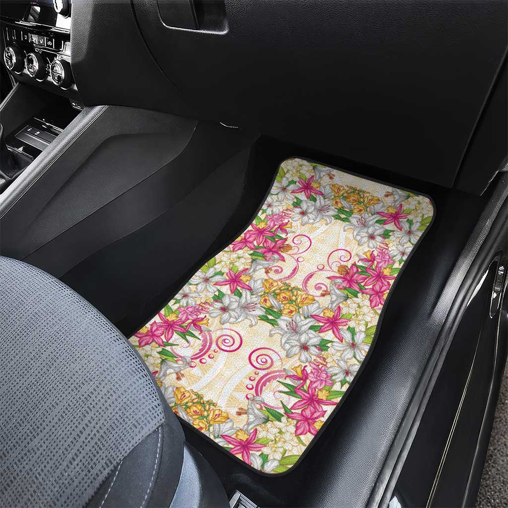 Hawaii Palaka Car Mats Yellow Tribal Pattern With Tropical Flowers - Polynesian Pride