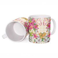 Hawaii Palaka Ceramic Mug Yellow Tribal Pattern With Tropical Flowers - Polynesian Pride