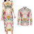 Hawaii Palaka Couples Matching Long Sleeve Bodycon Dress and Long Sleeve Button Shirt Yellow Tribal Pattern With Tropical Flowers - Polynesian Pride