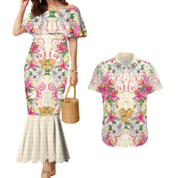 Hawaii Palaka Couples Matching Mermaid Dress and Hawaiian Shirt Yellow Tribal Pattern With Tropical Flowers - Polynesian Pride