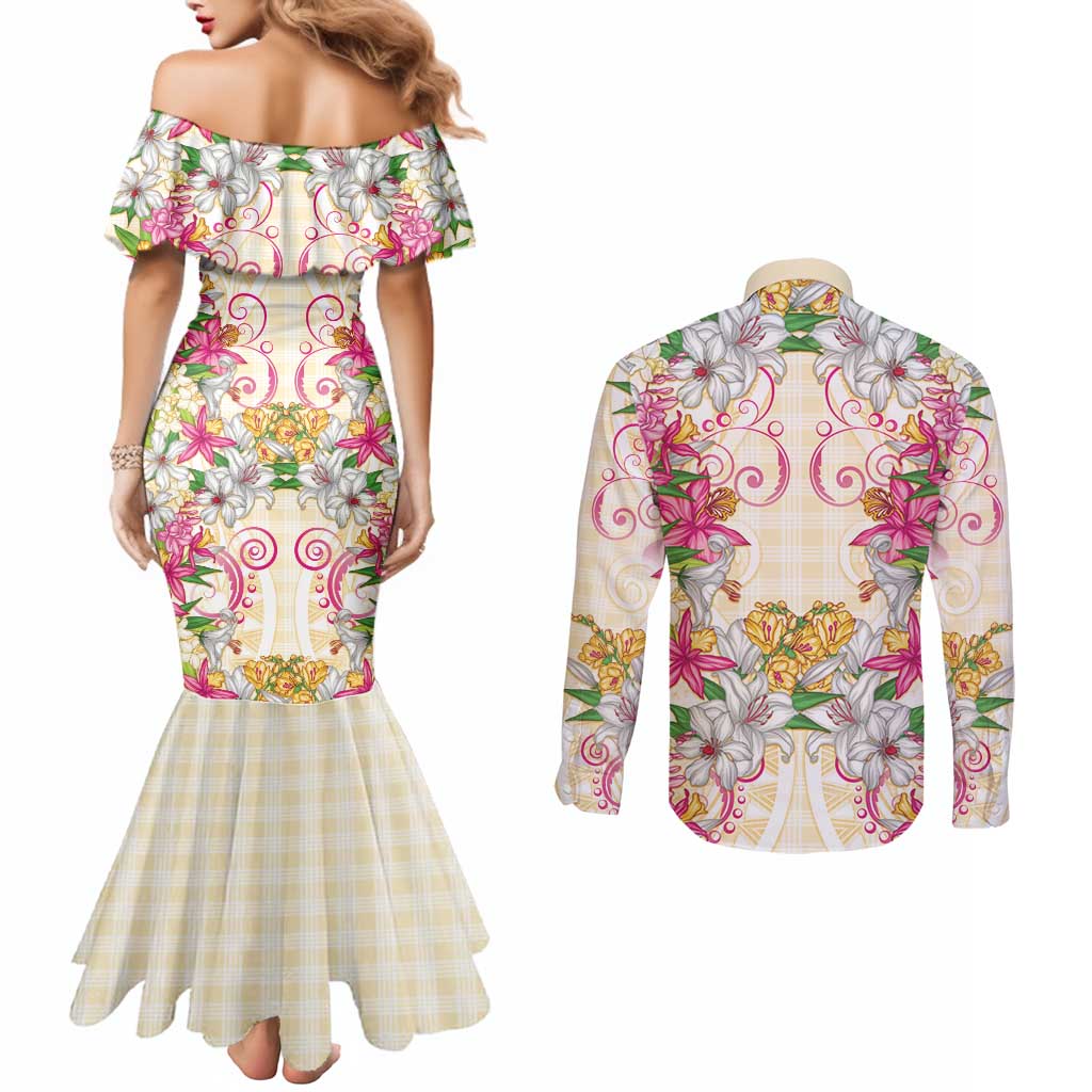 Hawaii Palaka Couples Matching Mermaid Dress and Long Sleeve Button Shirt Yellow Tribal Pattern With Tropical Flowers - Polynesian Pride