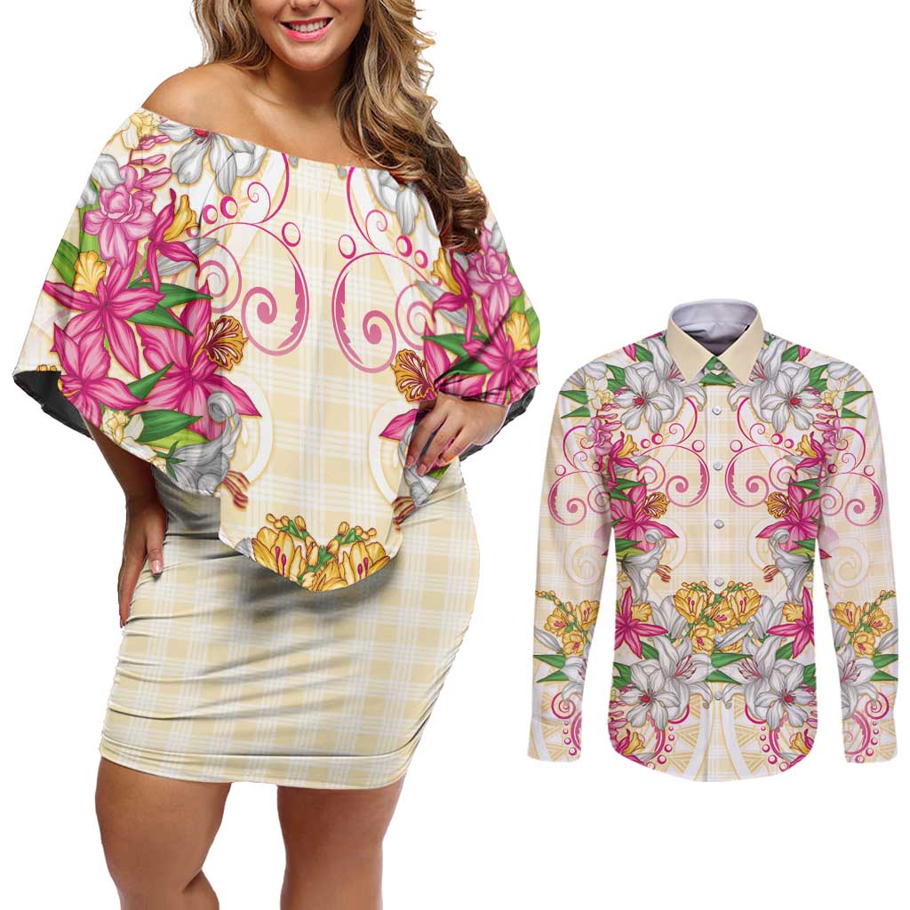 Hawaii Palaka Couples Matching Off Shoulder Short Dress and Long Sleeve Button Shirt Yellow Tribal Pattern With Tropical Flowers - Polynesian Pride