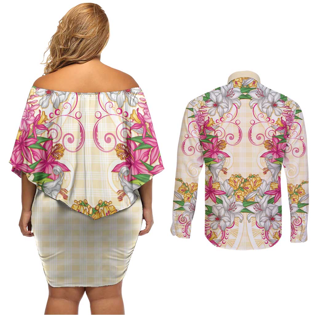 Hawaii Palaka Couples Matching Off Shoulder Short Dress and Long Sleeve Button Shirt Yellow Tribal Pattern With Tropical Flowers - Polynesian Pride