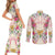 Hawaii Palaka Couples Matching Short Sleeve Bodycon Dress and Long Sleeve Button Shirt Yellow Tribal Pattern With Tropical Flowers - Polynesian Pride
