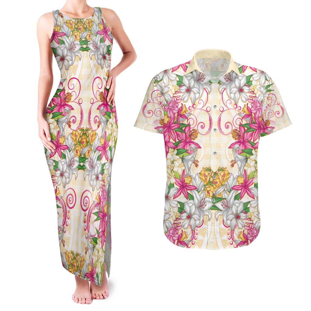 Hawaii Palaka Couples Matching Tank Maxi Dress and Hawaiian Shirt Yellow Tribal Pattern With Tropical Flowers - Polynesian Pride