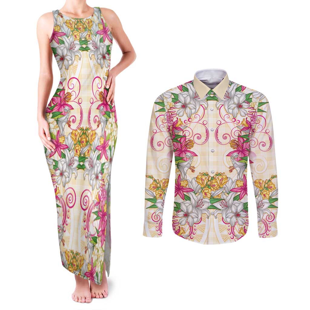 Hawaii Palaka Couples Matching Tank Maxi Dress and Long Sleeve Button Shirt Yellow Tribal Pattern With Tropical Flowers - Polynesian Pride