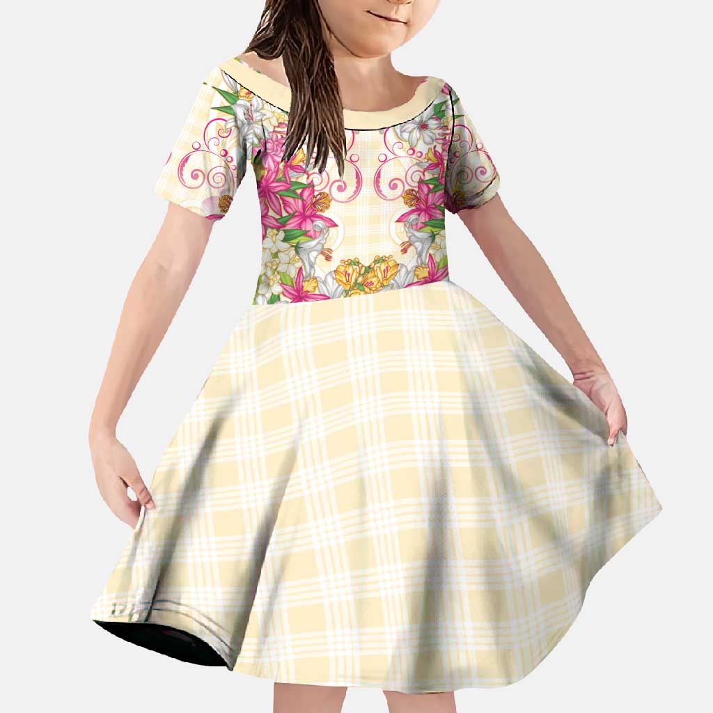 Hawaii Palaka Family Matching Mermaid Dress and Hawaiian Shirt Yellow Tribal Pattern With Tropical Flowers LT05 Daughter's Dress Yellow - Polynesian Pride